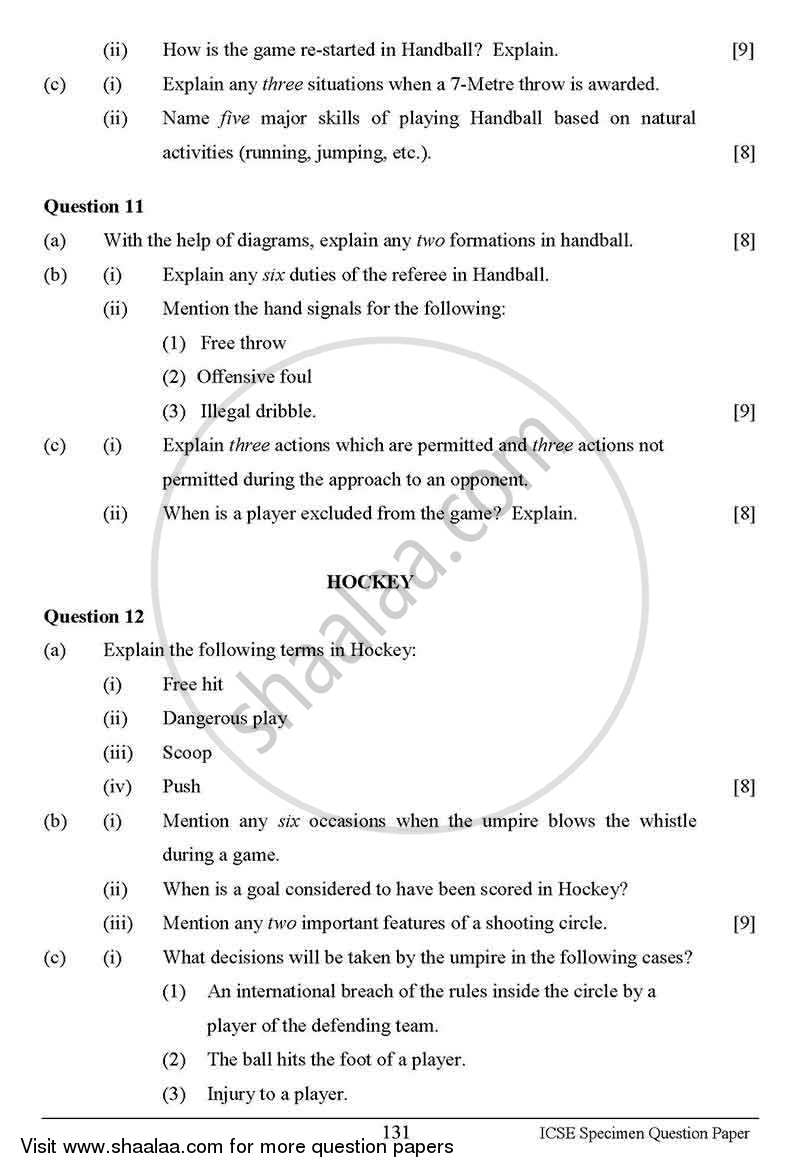 Physical Education 2012-2013 ICSE Class 10  - CISCE (Council for the Indian School Certificate Examinations) question paper with PDF download