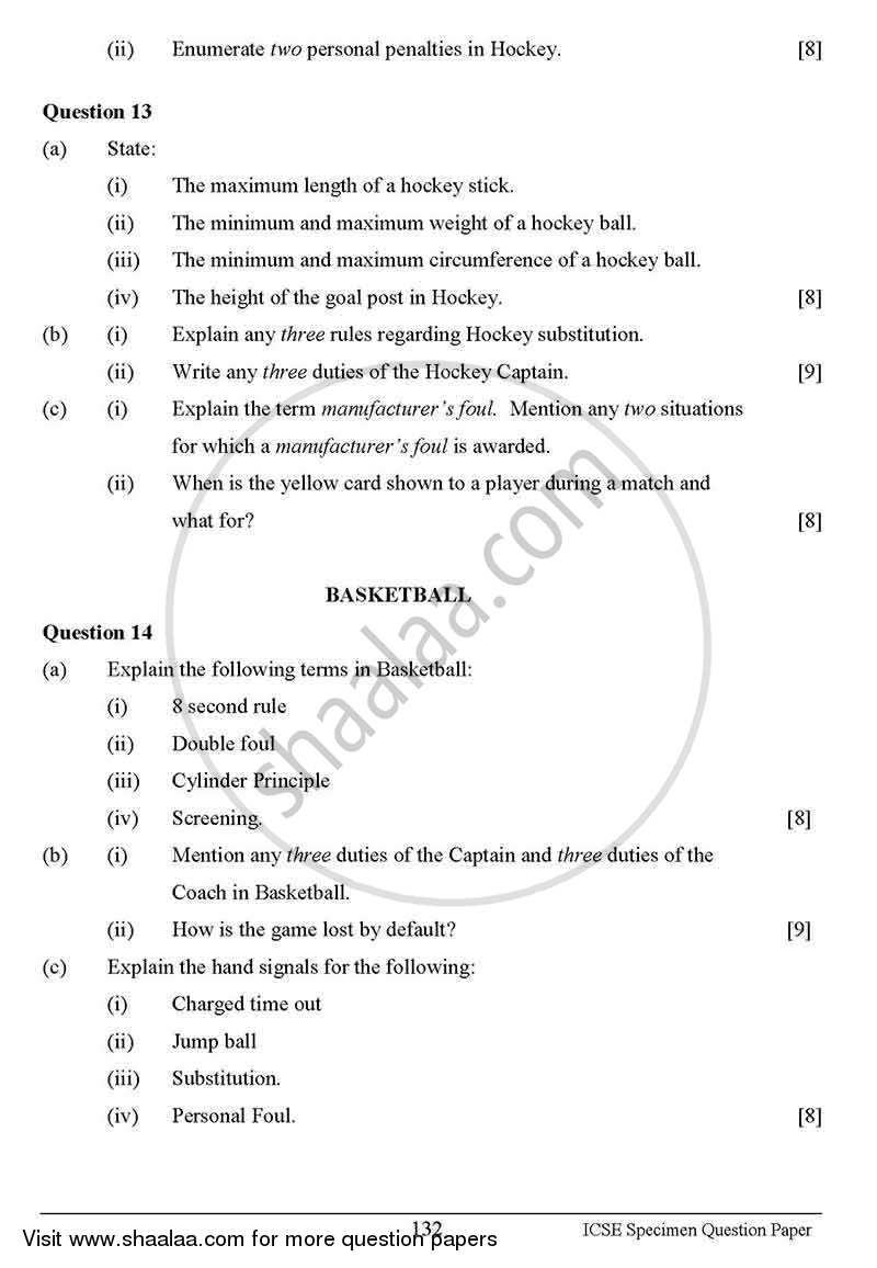 Physical Education 2012-2013 ICSE Class 10  - CISCE (Council for the Indian School Certificate Examinations) question paper with PDF download