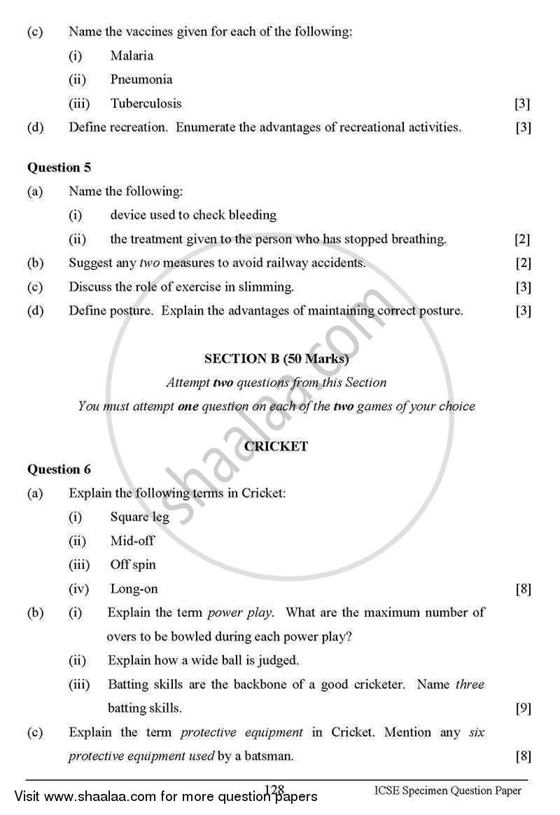 Physical Education 2012-2013 ICSE Class 10  - CISCE (Council for the Indian School Certificate Examinations) question paper with PDF download