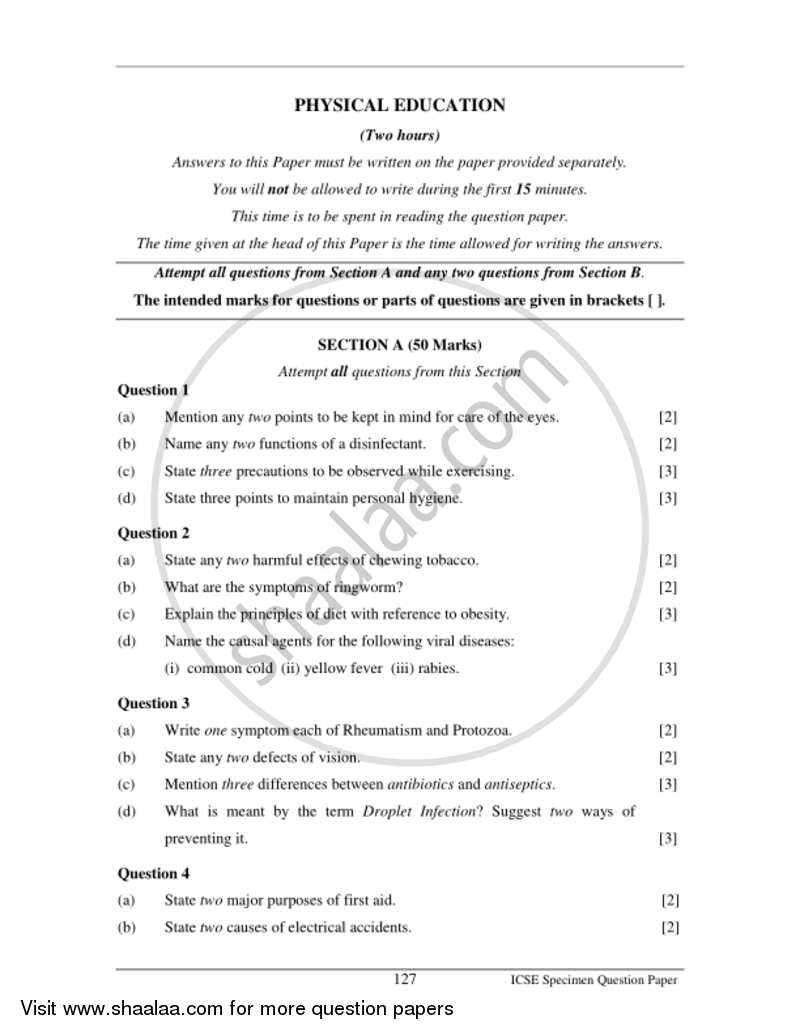 Physical Education 2016-2017 ICSE Class 10  - CISCE (Council for the Indian School Certificate Examinations) question paper with PDF download
