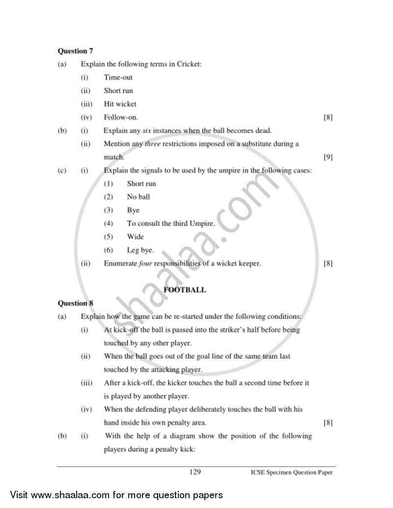 Physical Education 2016-2017 ICSE Class 10  - CISCE (Council for the Indian School Certificate Examinations) question paper with PDF download