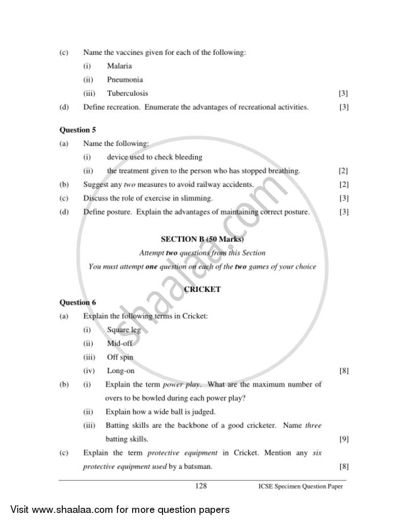 Physical Education 2016-2017 ICSE Class 10  - CISCE (Council for the Indian School Certificate Examinations) question paper with PDF download