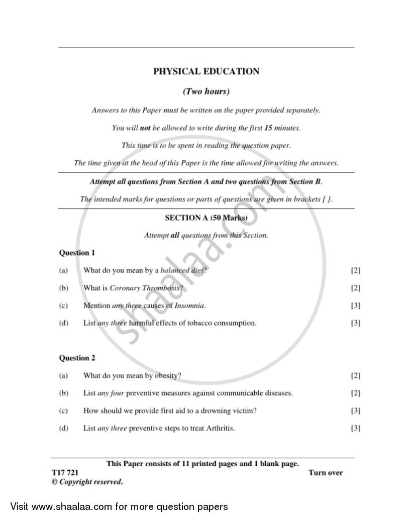 Physical Education 2016-2017 ICSE Class 10  - CISCE (Council for the Indian School Certificate Examinations) question paper with PDF download