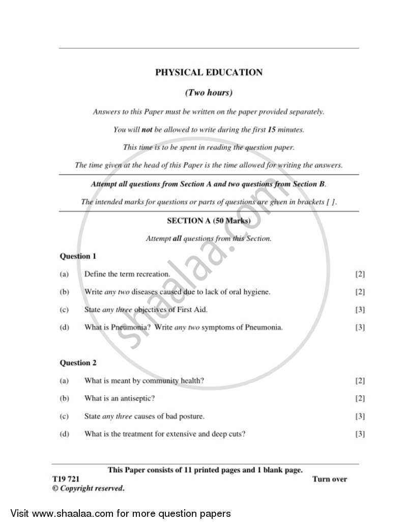 Physical Education 2018-2019 ICSE Class 10  - CISCE (Council for the Indian School Certificate Examinations) question paper with PDF download