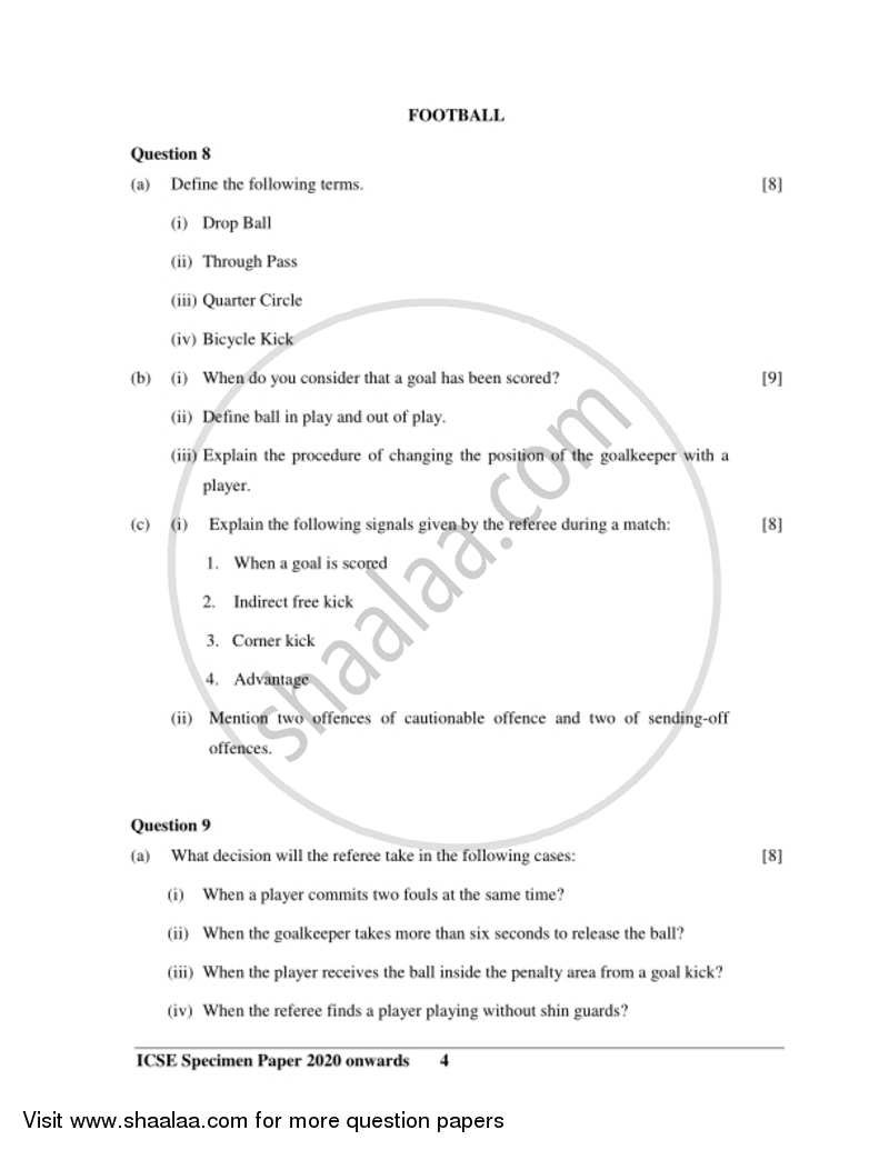 Physical Education 2019-2020 ICSE Class 10  - CISCE (Council for the Indian School Certificate Examinations) question paper with PDF download