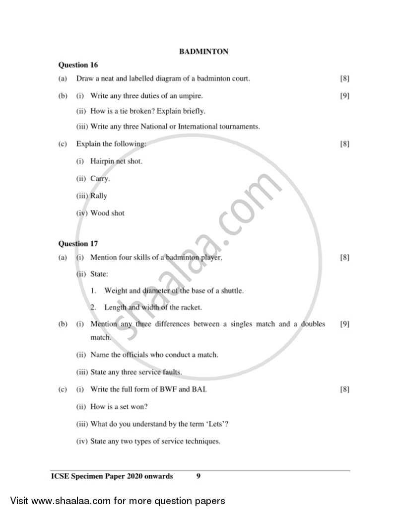 Physical Education 2019-2020 ICSE Class 10  - CISCE (Council for the Indian School Certificate Examinations) question paper with PDF download