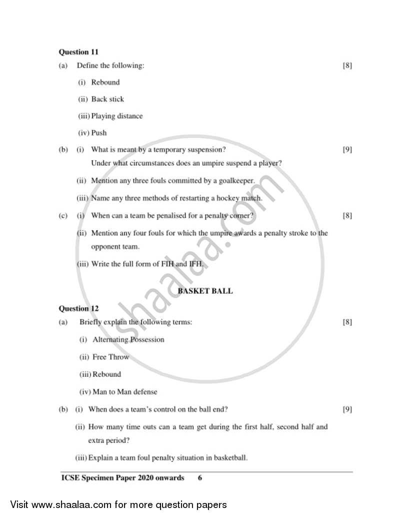 Physical Education 2019-2020 ICSE Class 10  - CISCE (Council for the Indian School Certificate Examinations) question paper with PDF download
