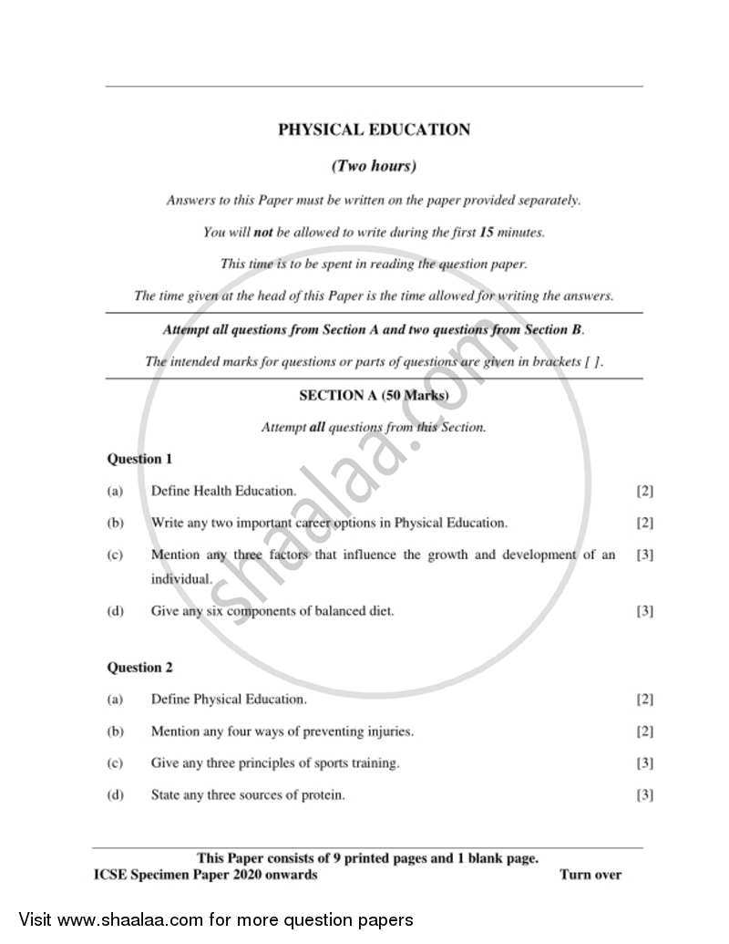 Physical Education 2019-2020 ICSE Class 10  - CISCE (Council for the Indian School Certificate Examinations) question paper with PDF download