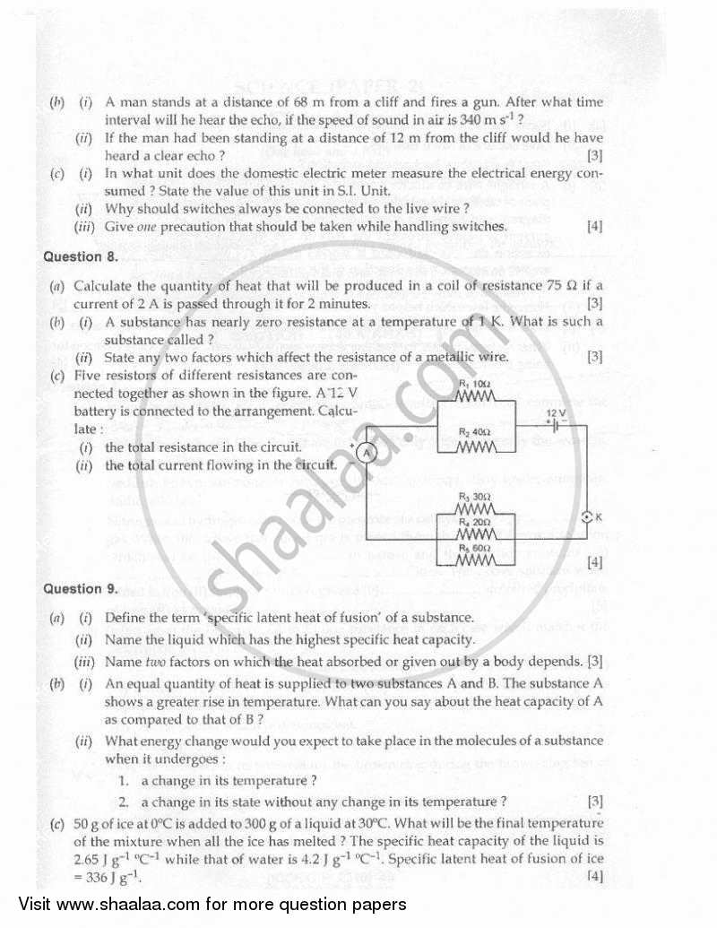 Physics 2009-2010 ICSE Class 10  - CISCE (Council for the Indian School Certificate Examinations) question paper with PDF download