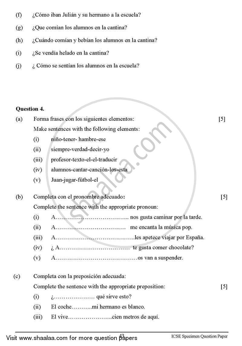 Spanish 2012-2013 ICSE Class 10  - CISCE (Council for the Indian School Certificate Examinations) question paper with PDF download