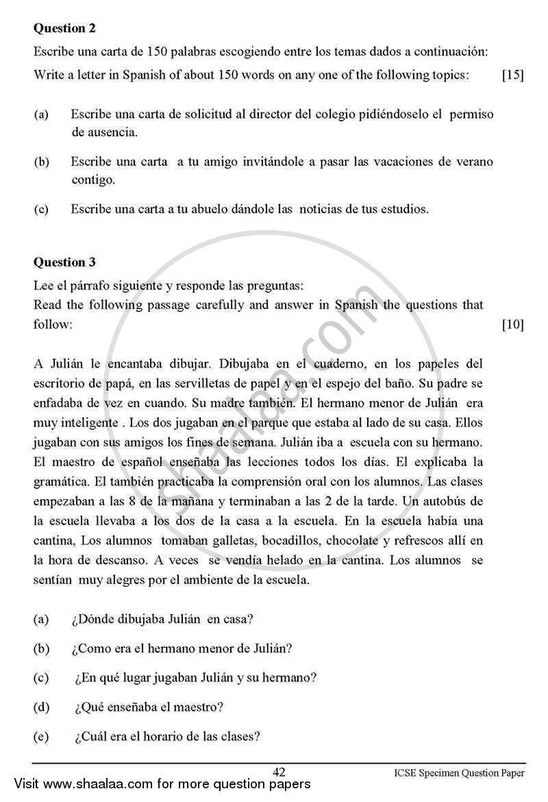 Spanish 2012-2013 ICSE Class 10  - CISCE (Council for the Indian School Certificate Examinations) question paper with PDF download