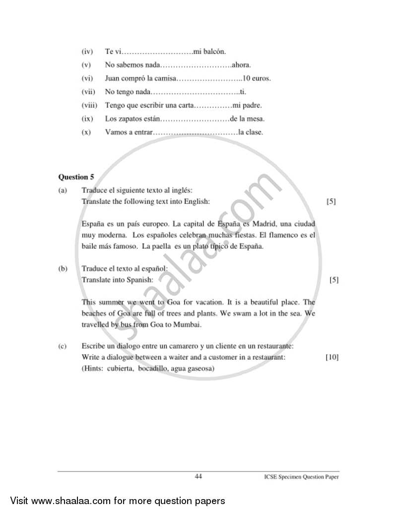 Spanish 2016-2017 ICSE Class 10  - CISCE (Council for the Indian School Certificate Examinations) question paper with PDF download