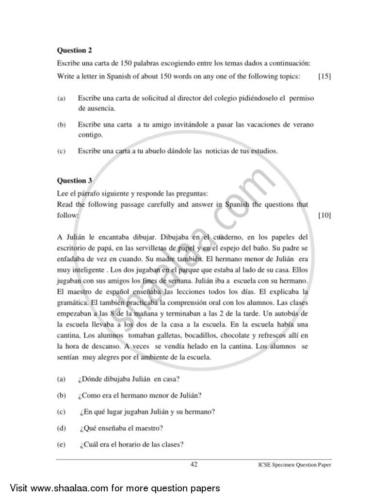 Spanish 2016-2017 ICSE Class 10  - CISCE (Council for the Indian School Certificate Examinations) question paper with PDF download
