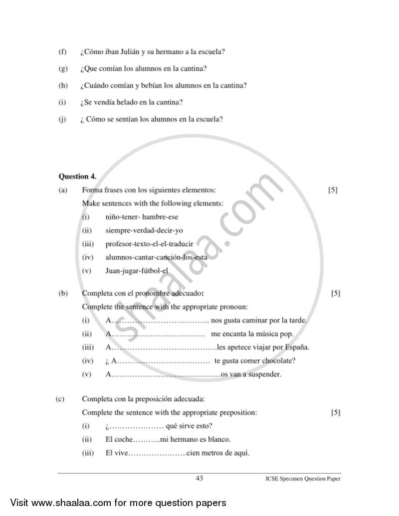 Spanish 2016-2017 ICSE Class 10  - CISCE (Council for the Indian School Certificate Examinations) question paper with PDF download