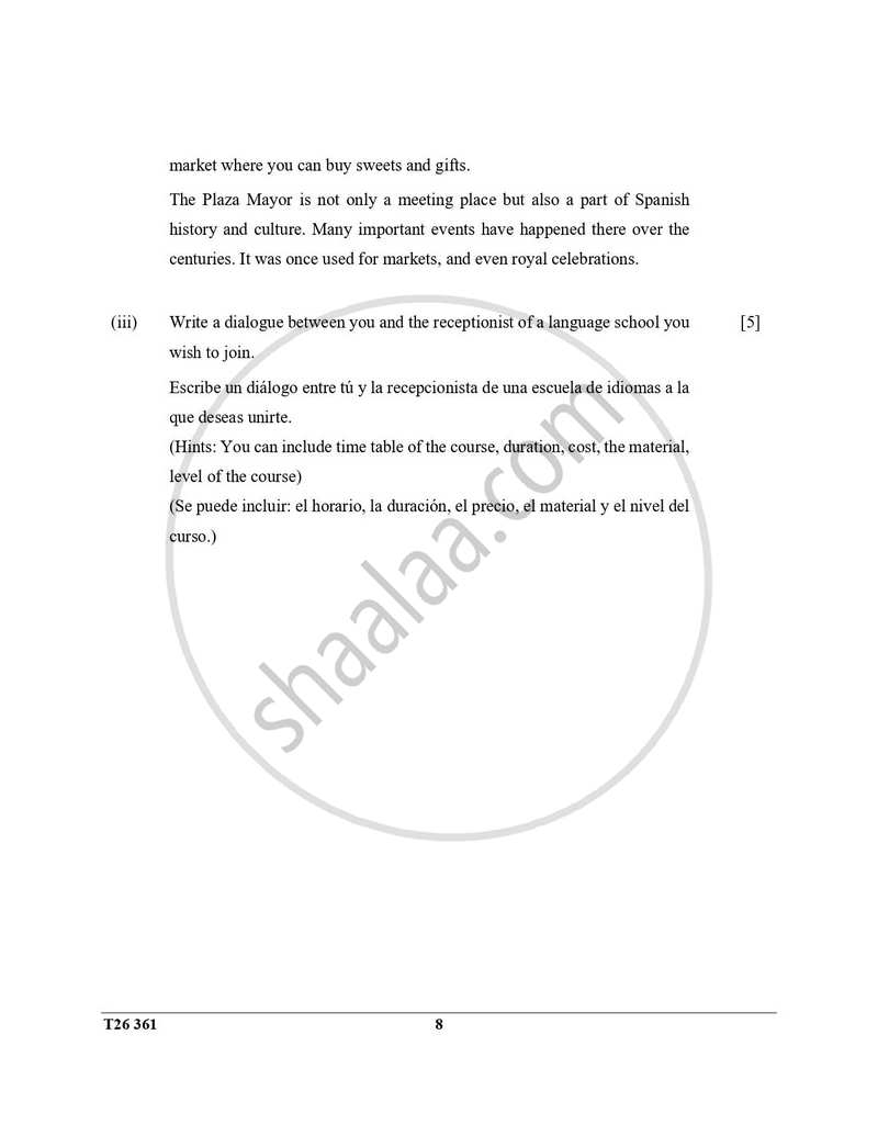 Spanish 2025-2026 ICSE Class 10 - CISCE (Council for the Indian School Certificate Examinations) question paper with PDF download