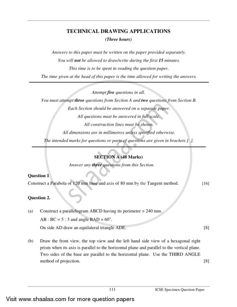 Technical Drawing Applications 2016-2017 ICSE Class 10  - CISCE (Council for the Indian School Certificate Examinations) question paper with PDF download