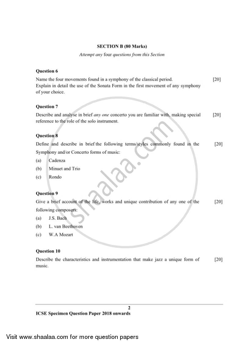 Western Music 2017-2018 ICSE Class 10  - CISCE (Council for the Indian School Certificate Examinations) question paper with PDF download