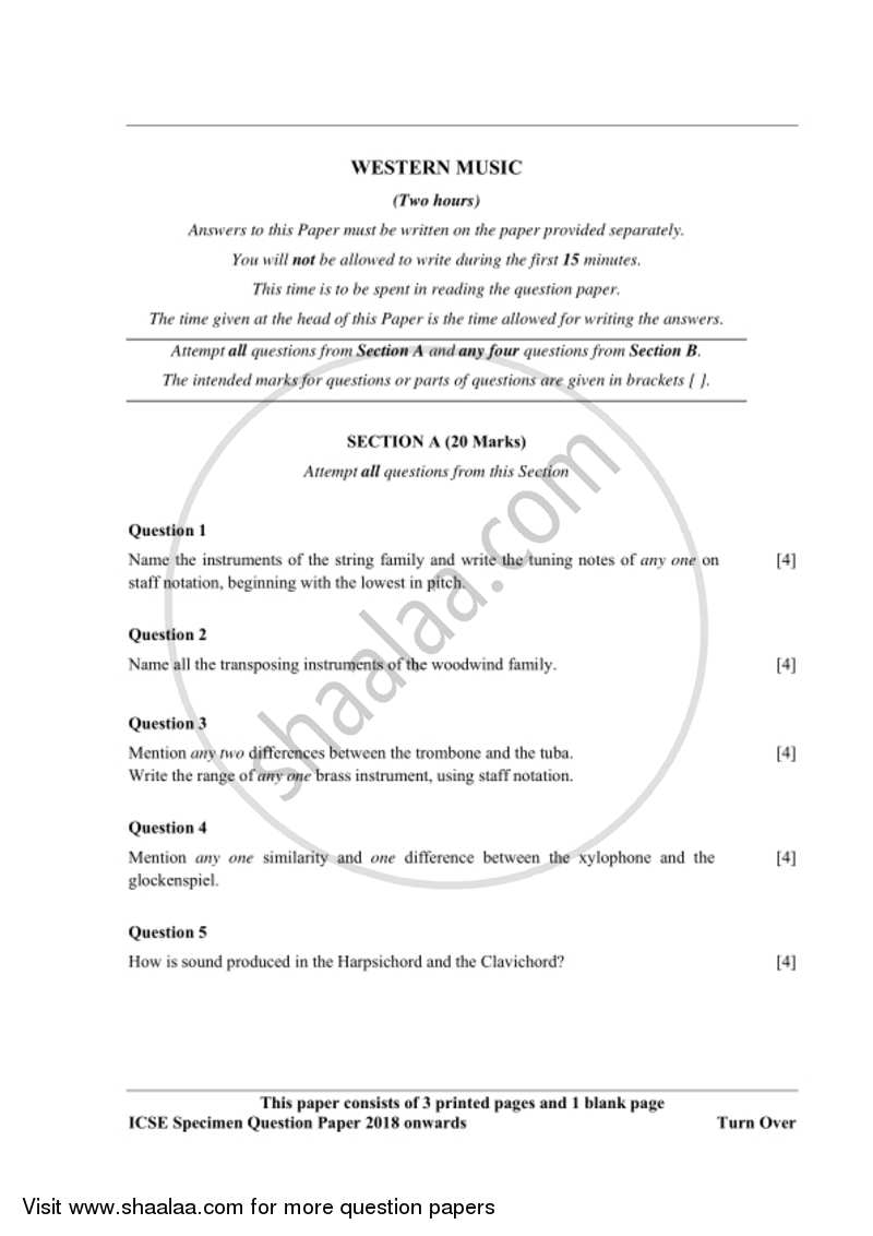 Western Music 2017-2018 ICSE Class 10  - CISCE (Council for the Indian School Certificate Examinations) question paper with PDF download