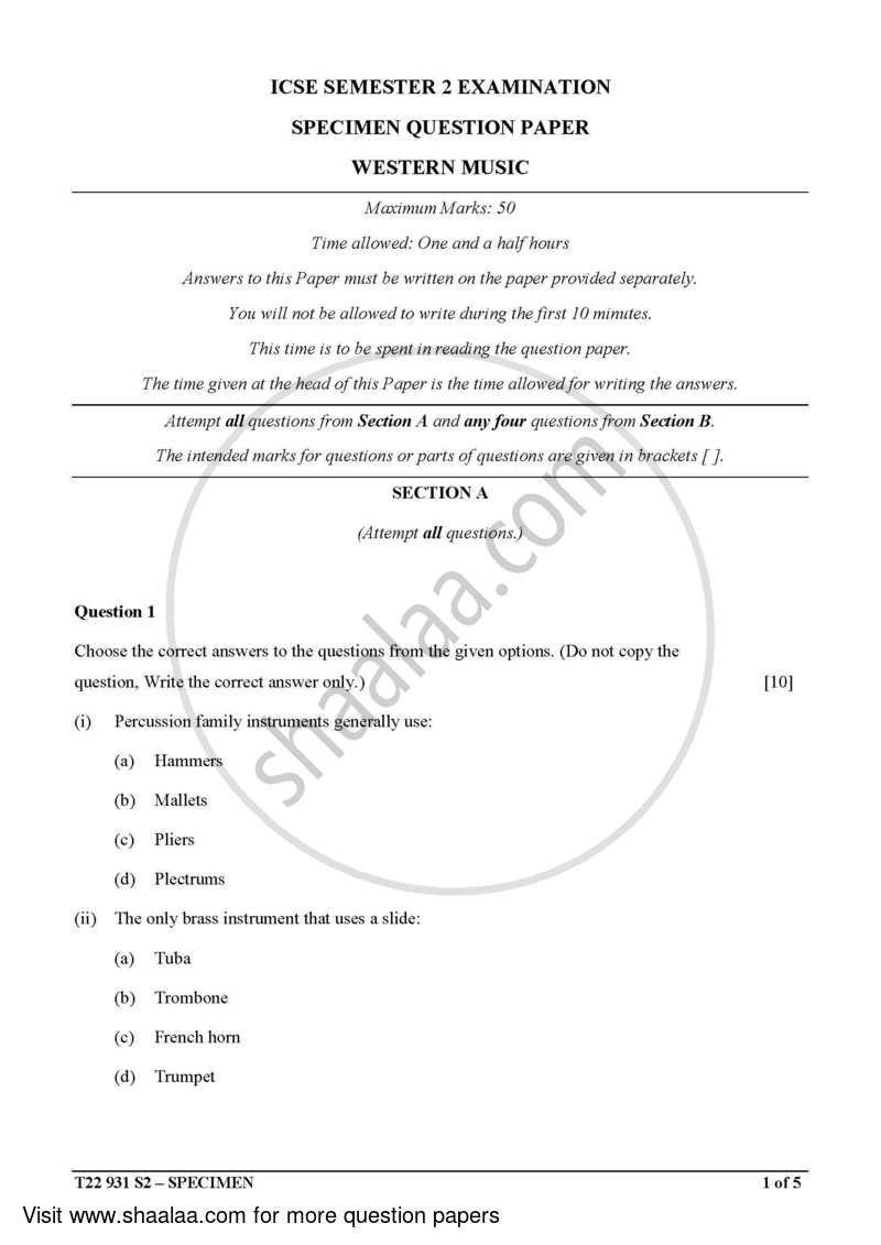 Western Music 2021-2022 ICSE Class 10  - CISCE (Council for the Indian School Certificate Examinations) question paper with PDF download