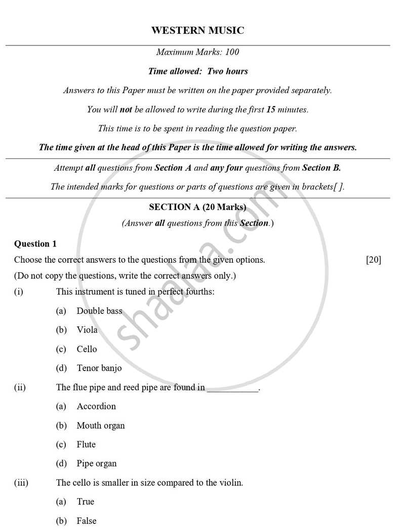 Western Music 2023-2024 ICSE Class 10 - CISCE (Council for the Indian School Certificate Examinations) question paper with PDF download