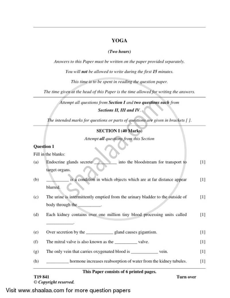 Yoga 2018-2019 ICSE Class 10  - CISCE (Council for the Indian School Certificate Examinations) question paper with PDF download