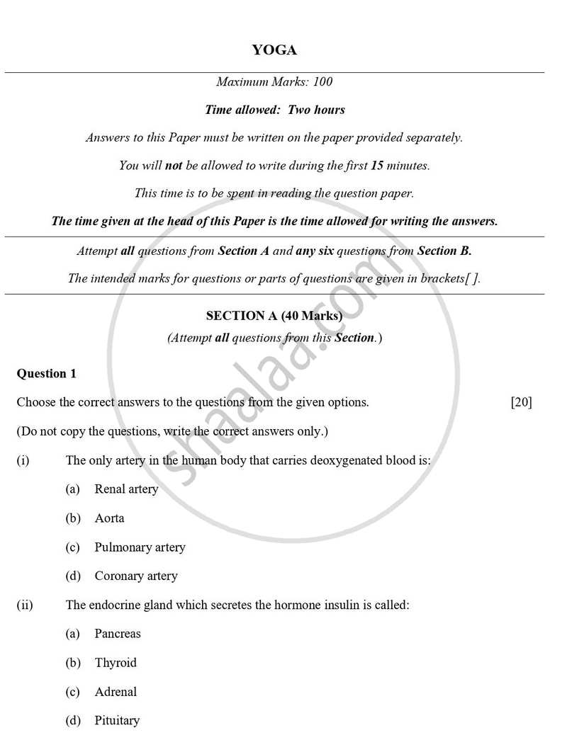 Yoga 2023-2024 ICSE Class 10  - CISCE (Council for the Indian School Certificate Examinations) question paper with PDF download
