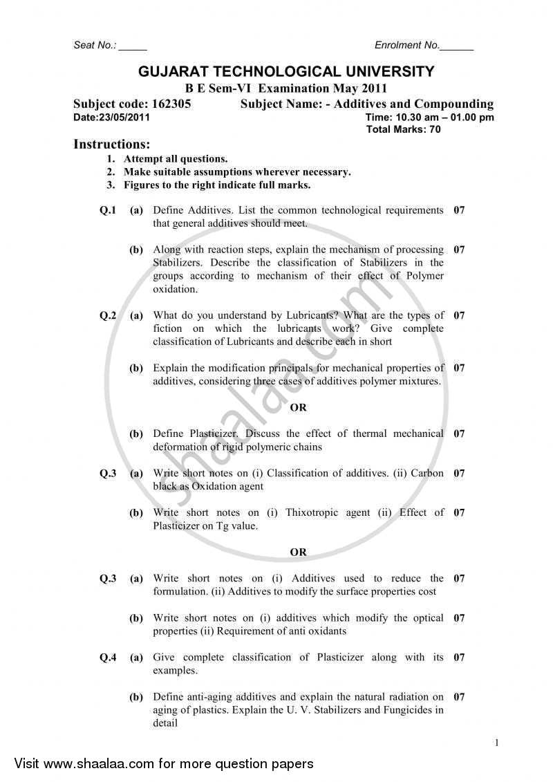 Additives and Compounding 2010-2011 - B.E. - Semester 6 (TE Third Year) - Gujarat Technological University (GTU) question paper with PDF download