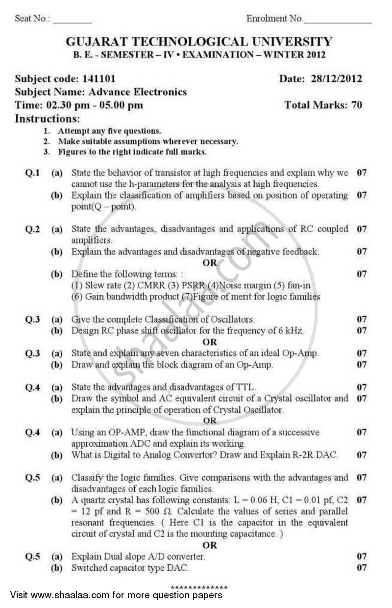 Advance Electronics 2012-2013 - B.E. - Semester 4 (SE Second Year) - Gujarat Technological University (GTU) question paper with PDF download