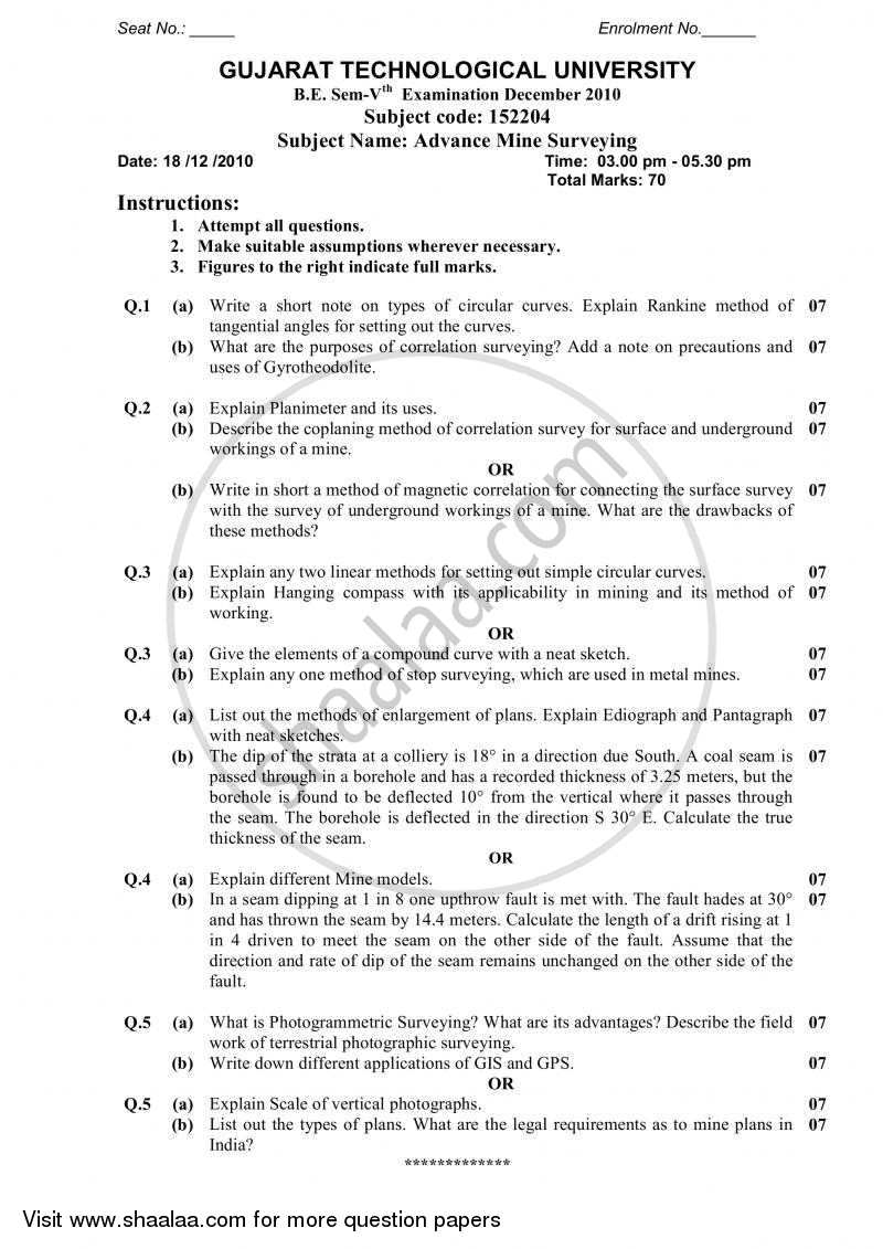 Advance Mine Surveying 2010-2011 - B.E. - Semester 5 (TE Third Year) - Gujarat Technological University (GTU) question paper with PDF download