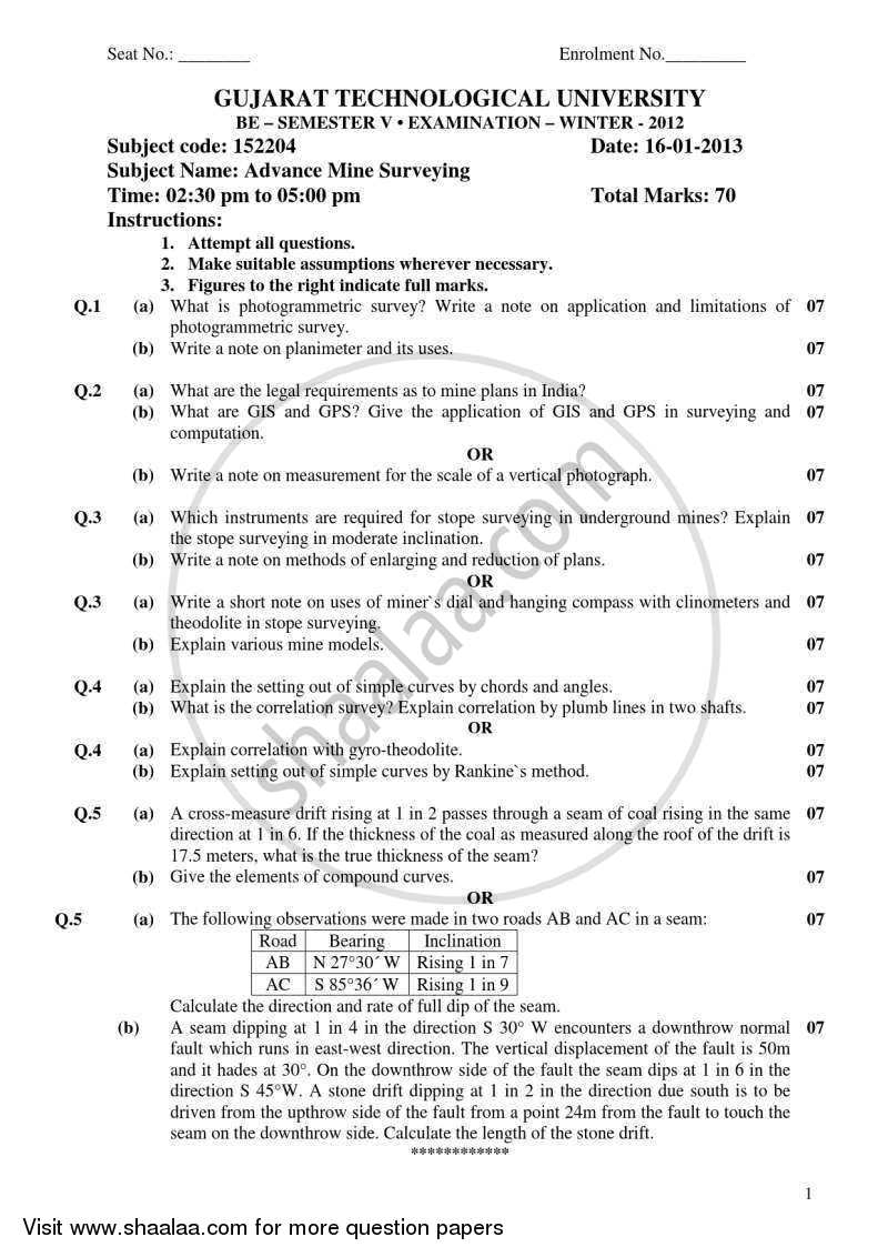 Advance Mine Surveying 2012-2013 - B.E. - Semester 5 (TE Third Year) - Gujarat Technological University (GTU) question paper with PDF download