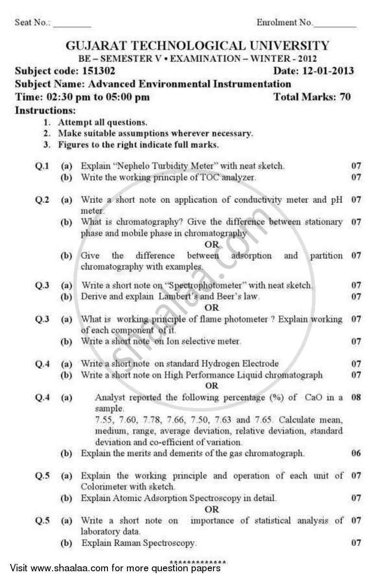Advanced Environmental Instrumentation 2012-2013 - B.E. - Semester 5 (TE Third Year) - Gujarat Technological University (GTU) question paper with PDF download
