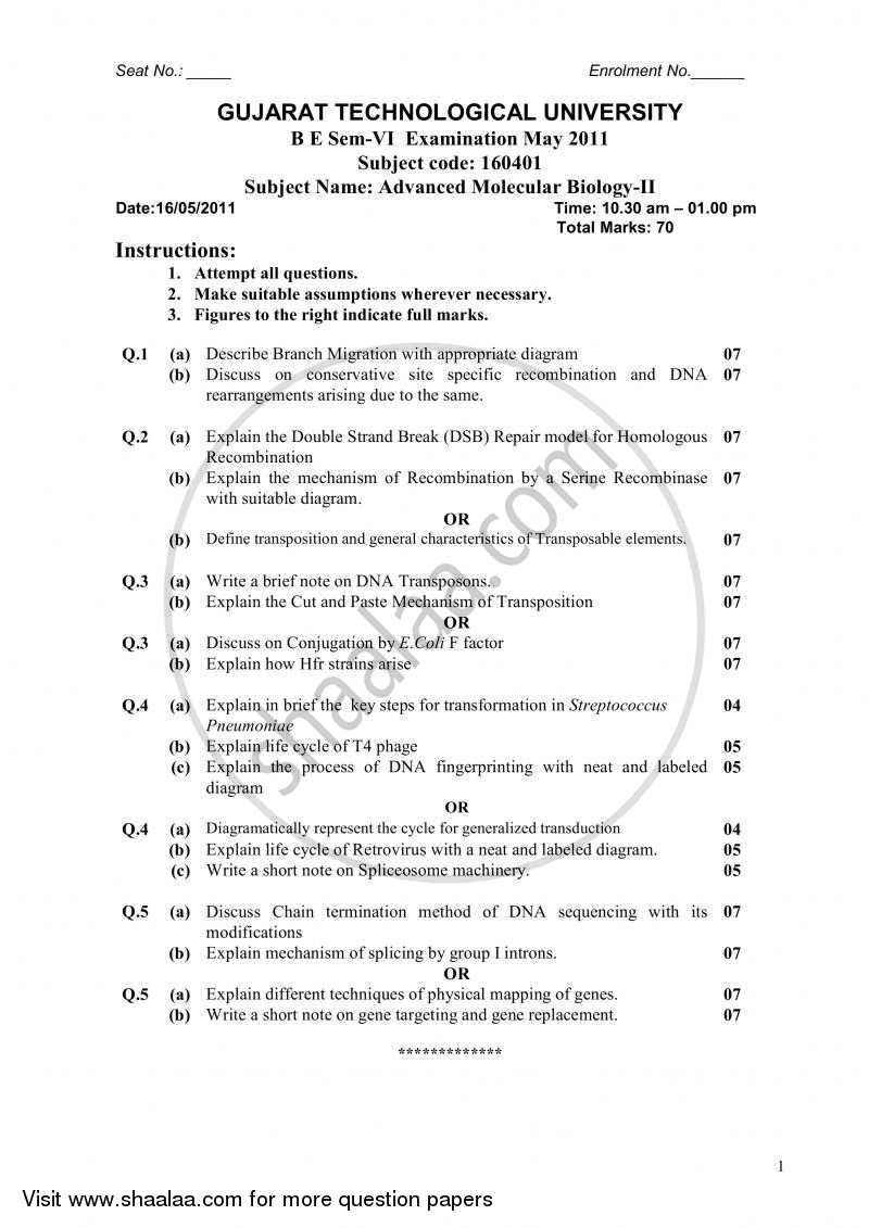 Advanced Molecular Biology 2 2010-2011 - B.E. - Semester 6 (TE Third Year) - Gujarat Technological University (GTU) question paper with PDF download