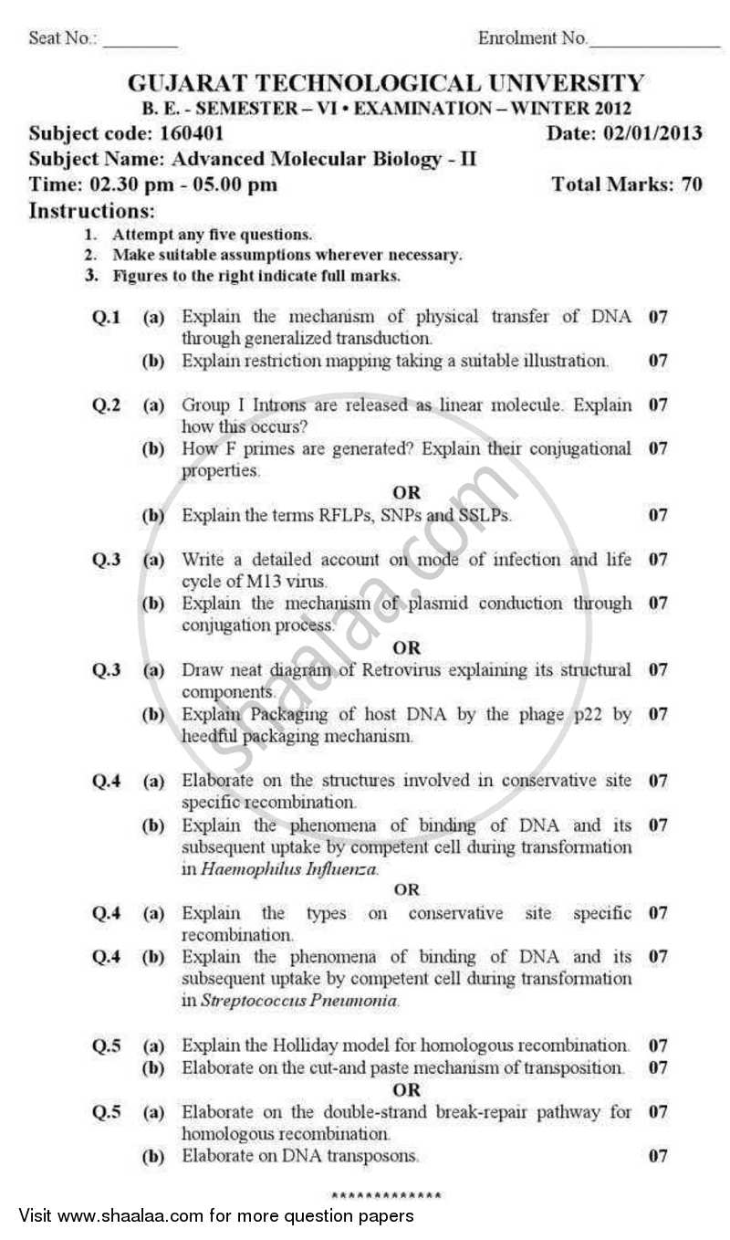 Advanced Molecular Biology 2 2012-2013 - B.E. - Semester 6 (TE Third Year) - Gujarat Technological University (GTU) question paper with PDF download