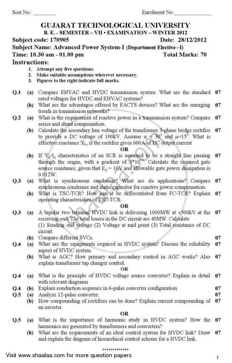 Advanced Power System 1 2012-2013 - B.E. - Semester 7 (BE Fourth Year) - Gujarat Technological University (GTU) question paper with PDF download