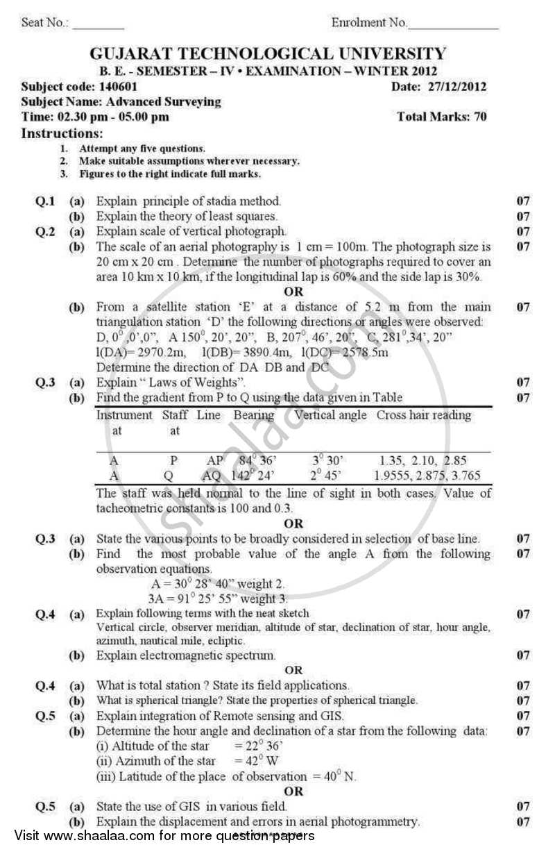 Advanced Surveying 2012-2013 - B.E. - Semester 4 (SE Second Year) - Gujarat Technological University (GTU) question paper with PDF download