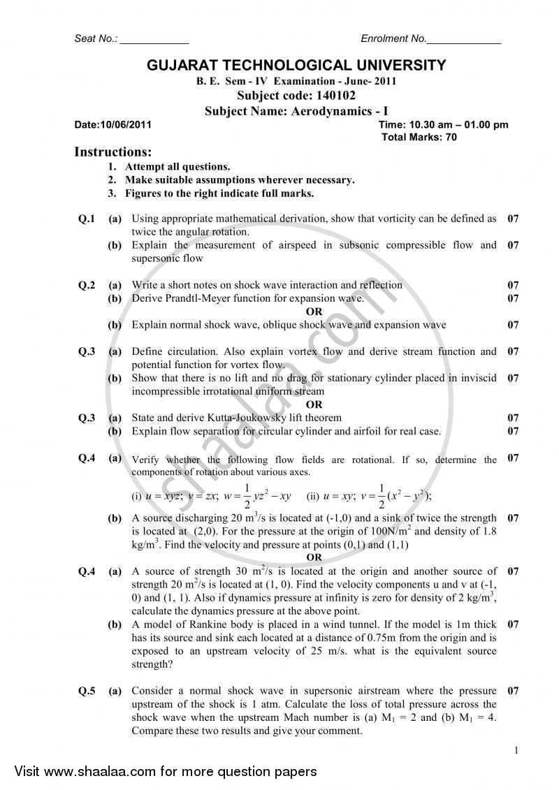 Aerodynamics 1 2010-2011 - B.E. - Semester 4 (SE Second Year) - Gujarat Technological University (GTU) question paper with PDF download