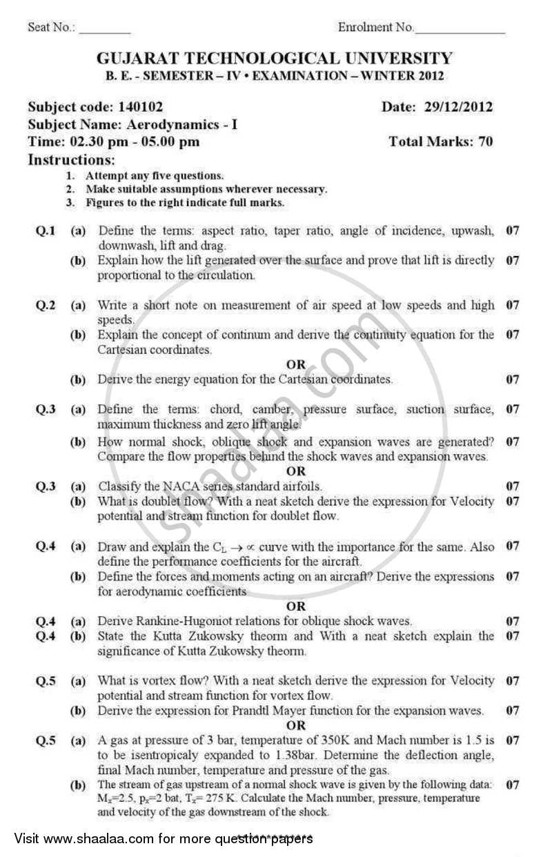 Aerodynamics 1 2012-2013 - B.E. - Semester 4 (SE Second Year) - Gujarat Technological University (GTU) question paper with PDF download