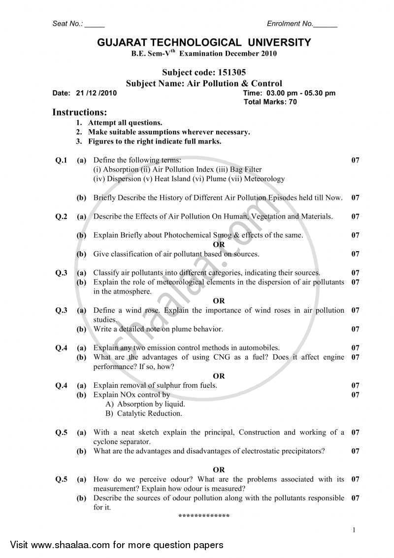 Air Pollution and Control 2010-2011 - B.E. - Semester 5 (TE Third Year) - Gujarat Technological University (GTU) question paper with PDF download