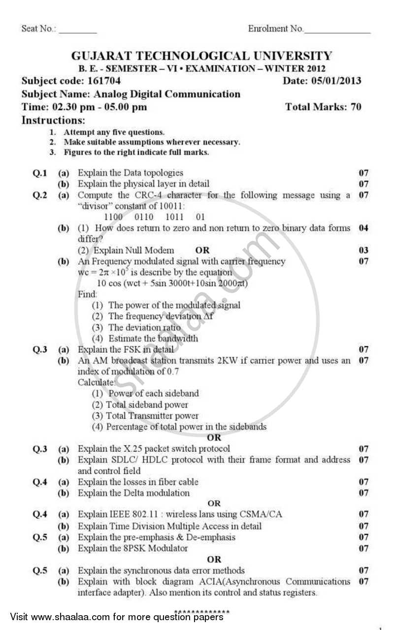 Analog and Digital Communication 2012-2013 - B.E. - Semester 6 (TE Third Year) - Gujarat Technological University (GTU) question paper with PDF download