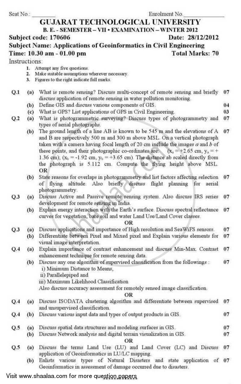 Application of Geoinformatics in Civil Engineering 2012-2013 - B.E. - Semester 7 (BE Fourth Year) - Gujarat Technological University (GTU) question paper with PDF download