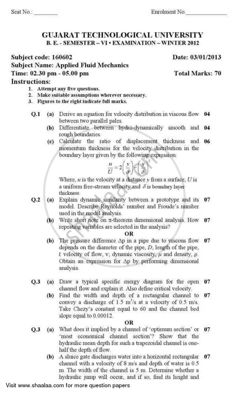 Applied Fluid Mechanics 1 2012-2013 - B.E. - Semester 6 (TE Third Year) - Gujarat Technological University (GTU) question paper with PDF download