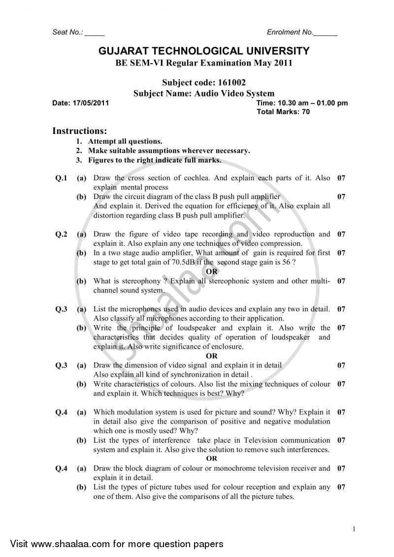 Audio - Video Systems 2010-2011 - B.E. - Semester 6 (TE Third Year) - Gujarat Technological University (GTU) question paper with PDF download