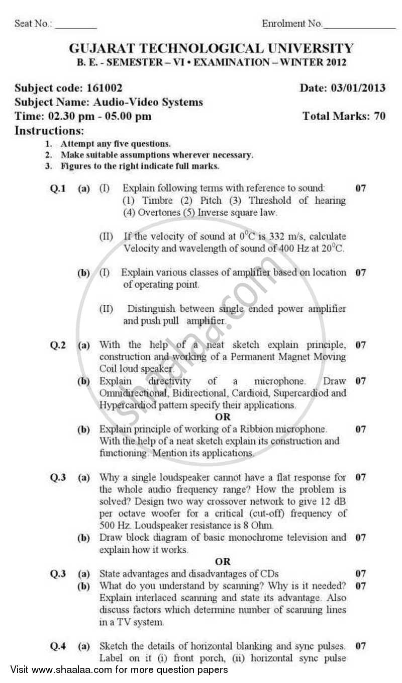 Audio - Video Systems 2012-2013 - B.E. - Semester 6 (TE Third Year) - Gujarat Technological University (GTU) question paper with PDF download