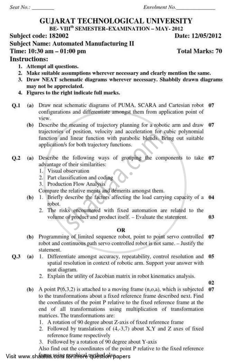 Automated Manufacturing 2 2011-2012 - B.E. - Semester 8 (BE Fourth Year) - Gujarat Technological University (GTU) question paper with PDF download