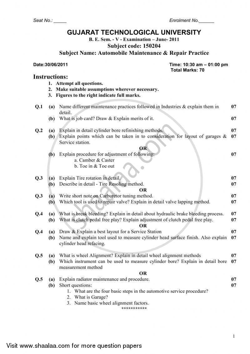 Automobile Maintenance and Repair Practice 2010-2011 - B.E. - Semester 5 (TE Third Year) - Gujarat Technological University (GTU) question paper with PDF download