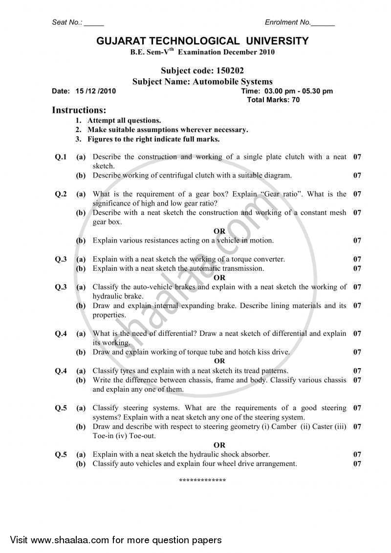 Automobile Systems 2010-2011 - B.E. - Semester 5 (TE Third Year) - Gujarat Technological University (GTU) question paper with PDF download