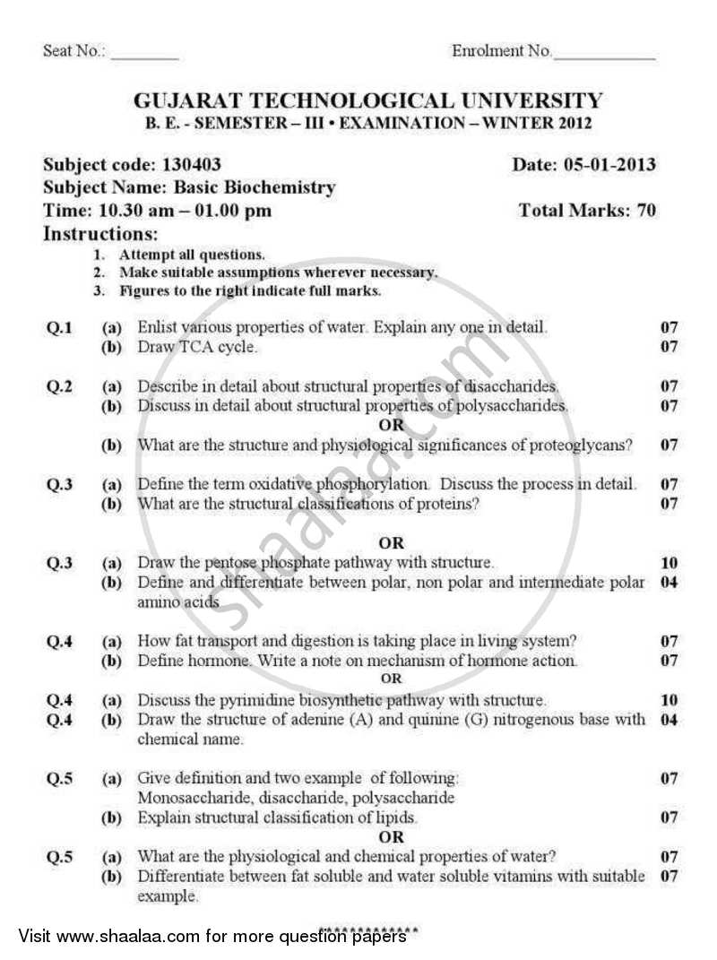 Basic Biochemistry 2012-2013 - B.E. - Semester 3 (SE Second Year) - Gujarat Technological University (GTU) question paper with PDF download