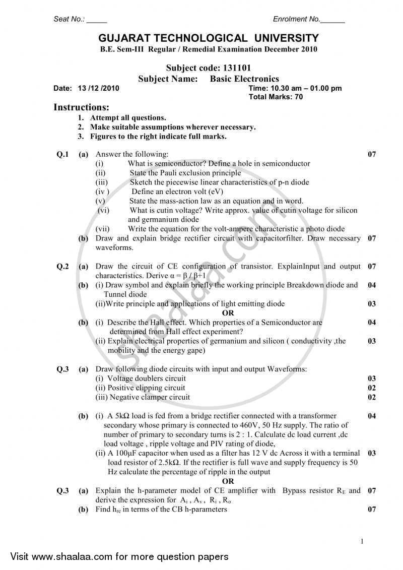 Basic Electronics 2010-2011 - B.E. - Semester 3 (SE Second Year) - Gujarat Technological University (GTU) question paper with PDF download