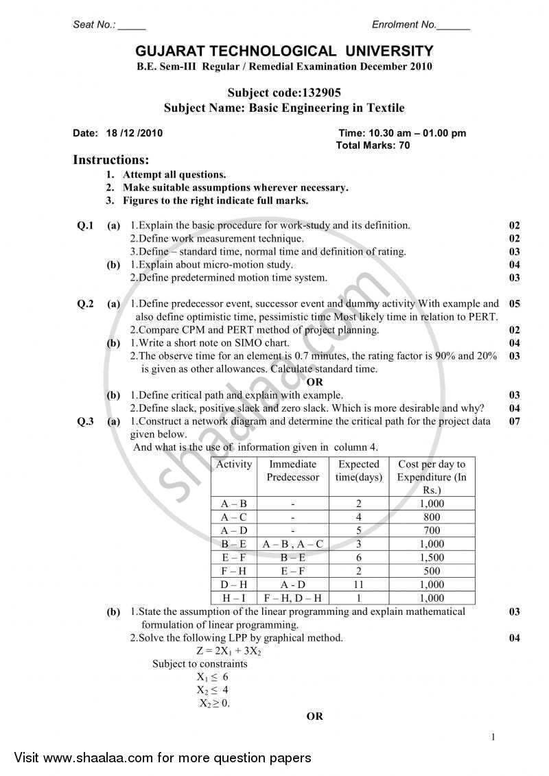 Basic Engineering in Textile 2010-2011 - B.E. - Semester 3 (SE Second Year) - Gujarat Technological University (GTU) question paper with PDF download