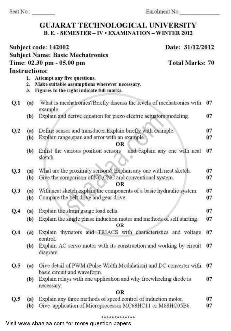 Basic Mechatronics 2012-2013 - B.E. - Semester 4 (SE Second Year) - Gujarat Technological University (GTU) question paper with PDF download